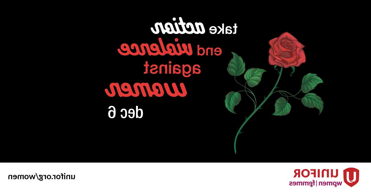 A rose sits next to the text "take action to end violence against women - December 6"